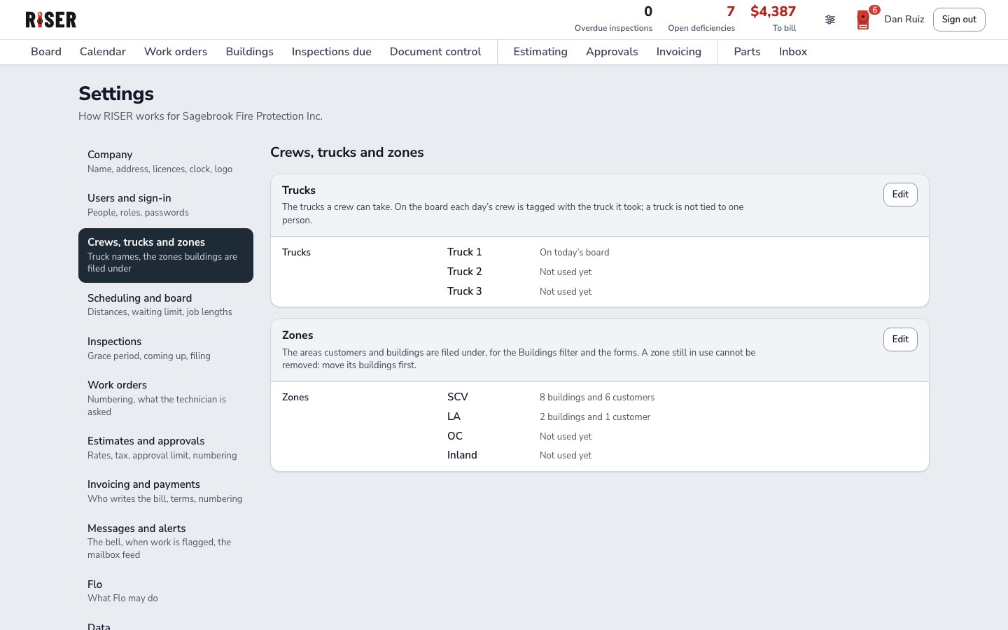 Settings: trucks and zones as rows