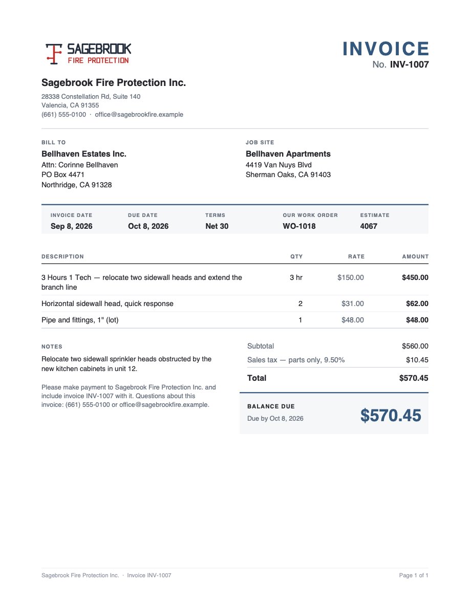 The invoice as the customer gets it: the PDF of INV-1007, balance due $570.45