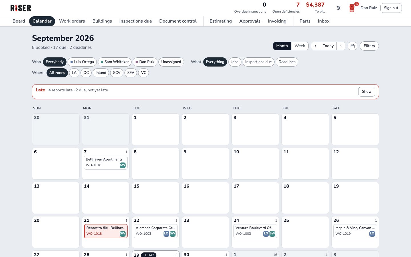 The calendar, month view, with the late strip